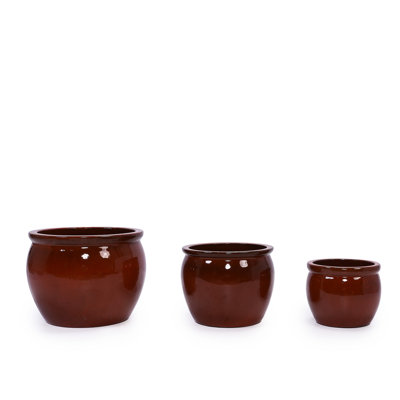 Lot de 3 pots de fleurs en céramique orange brillante, jardinière moderne pour patio, jardin, intérieur, résistant au gel - avec espaces de drainage intégrés.