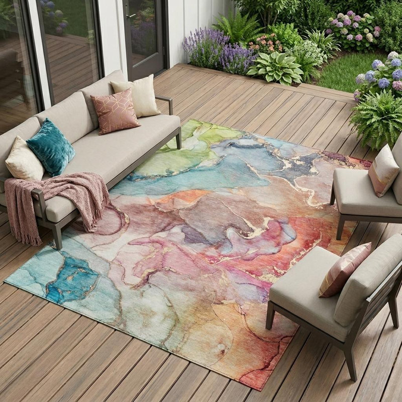 Tapis intérieur lavable abstrait bleu 8 pi x 10 pi HomeRoots, L 96 po x P 120 po