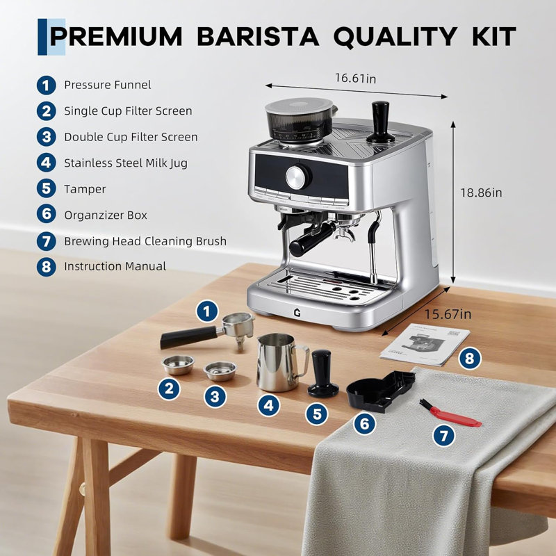 Machine à café espresso, acier inoxydable avec moulin intégré, pression de 20 bars, réservoir d'eau amovible de 1,5 L, buse à vapeur pour le lait et le cappuccino