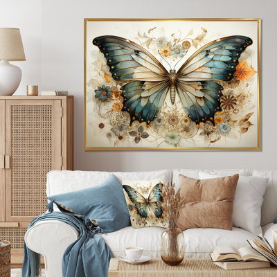 Papillon beige sarcelle, motifs complexes - art mural papillon