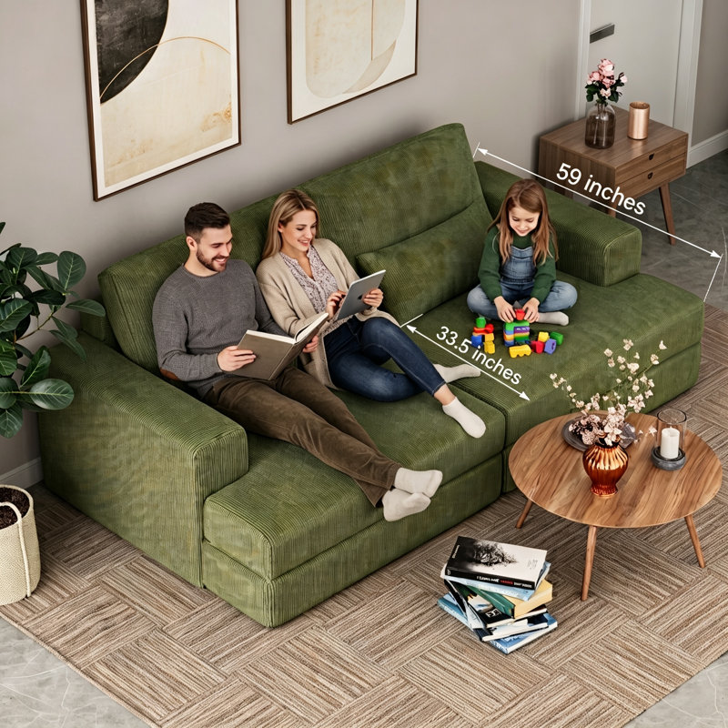 4 Seater Sofa & Chaise, Corduroy, Green