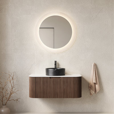Meuble-lavabo 36 po, meuble-lavabo rayé à bords arrondis avec tiroir, lavabo rond en céramique noir pierre et plateau en pierre frittée blanche, noyer foncé pré-assemblé