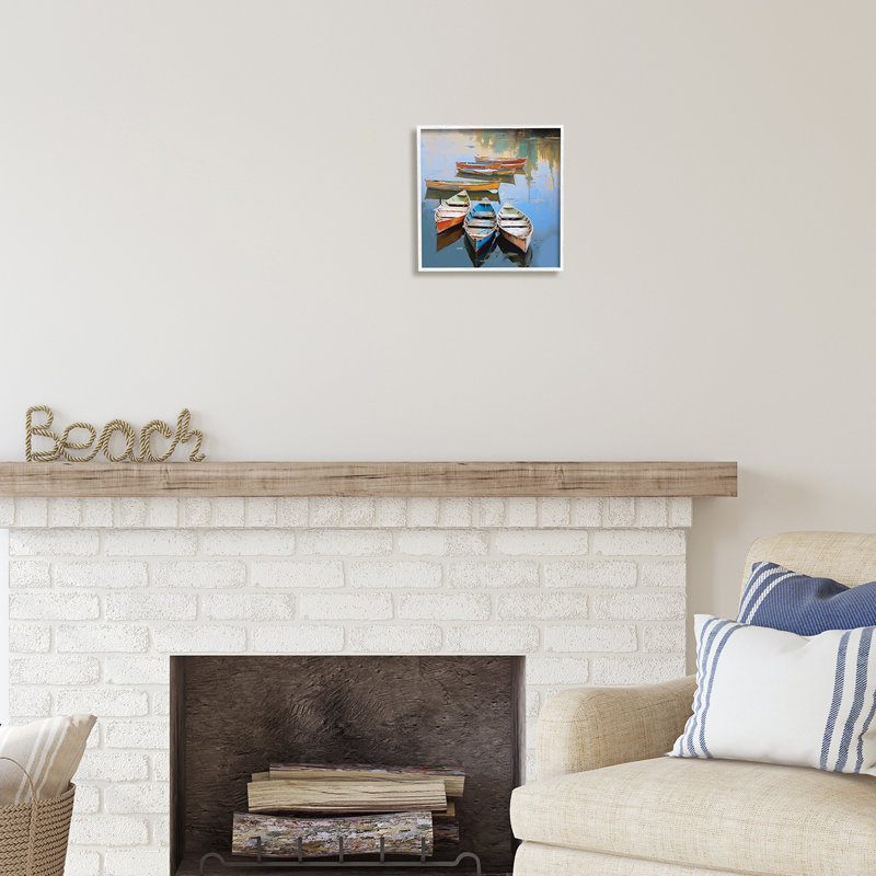 «Ba-052», reproduction de canot encadrée dans un lac sur toile par Irena Orlov, Giclée encadrée blanc bord de mer