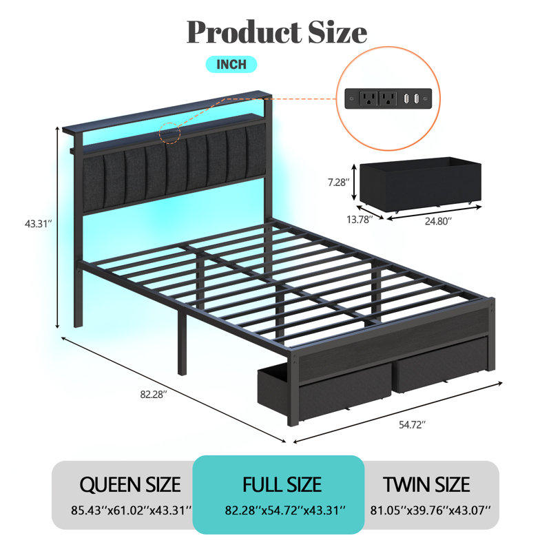 Upholstered Bed Frame with 2 Storage Drawers, Modern Full Platform Bed with Charging Station & LED Light, No Spring Box Needed