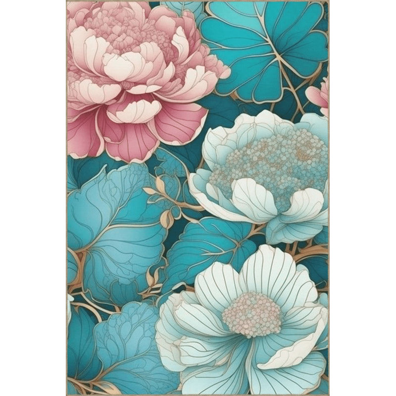 Turquoise Floral Rose Patterned Creative Modern Decorative Washable Rug, Runner 3'3" x 6'7" Rug Pad Included