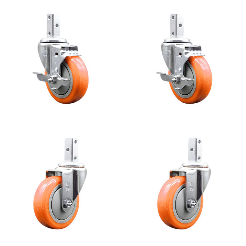 Ensemble de 4 roulettes à tige pivotante en polyuréthane 4 pouces et 3/4 pouces, Orange