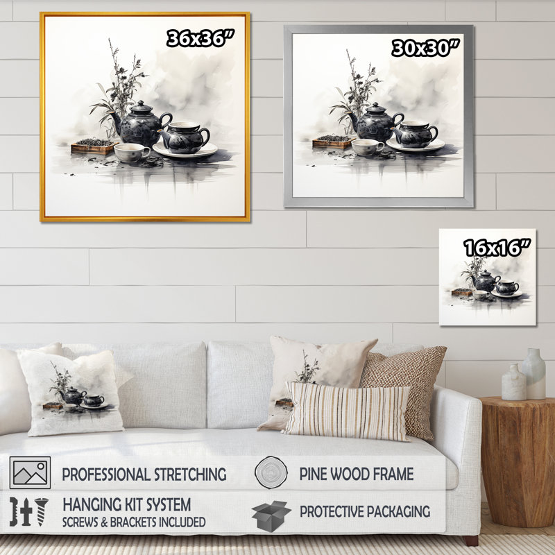 Ensemble de thé noir et blanc «Boho», poterie «Boho Pottery», art mural, H 30 po x l 30 po x P 1,5 po, Cadre simple blanc