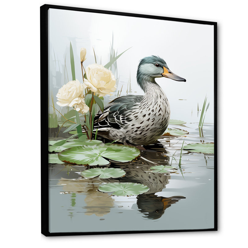 «Duck Pond Reflections V - Duck Animal», art mural, H 32 po x l 16 po x P 1 po, Cadre flottant noir