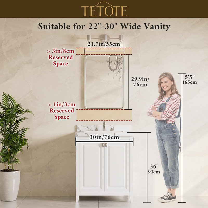 Miroir en nickel brossé pour salle de bain 22 x 30 Verre trempé à bords biseautés, Miroir de salle de bain, H 30 po x l 22 po