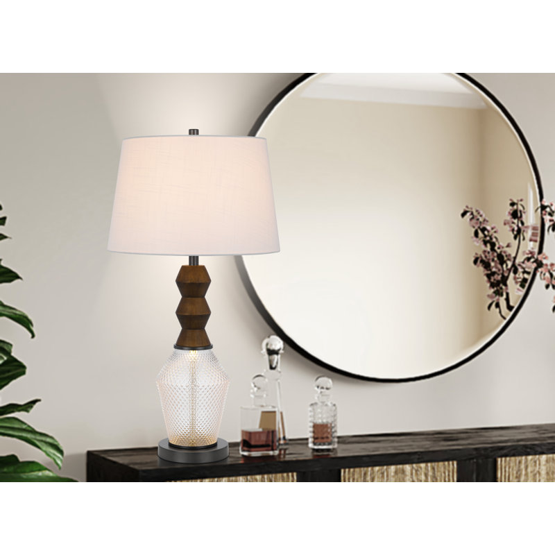 Lampe de table 33 po Hay, base en verre à motif de losanges, abat-jour en tissu blanc