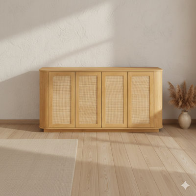 Meuble télé de 64 pouces en forme de vague, buffet d'angle arrondi, armoire de rangement ou buffet, armoire en bois avec rayures verticales et portes en rotin pour la cuisine, la chambre à coucher ou l'entrée, dans une finition naturelle, dimensions: l 64 po P 15 po x H 31,5 po