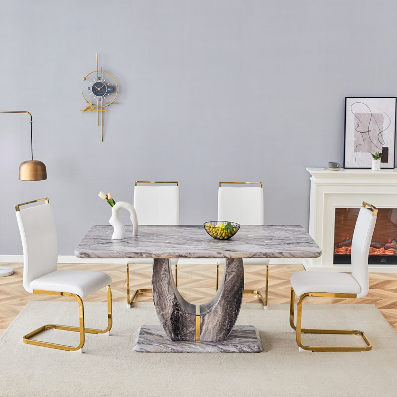 63" Modern Dining Table Set With PU Leather Chairs, U-Shaped MDF Base, White, 5 Pieces: Table, 4 Chairs