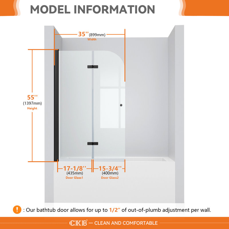 35'' W x 55'' H Frameless Tempered Glass Tub Door with Black Frame