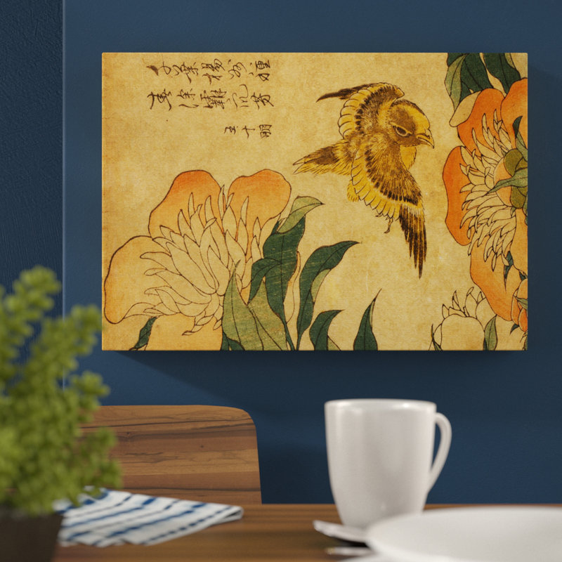 Peony and Canary Japanese Oriental by Katsushika Hokusai - Wrapped Canvas - Framed Print, 70cm H x 100cm W