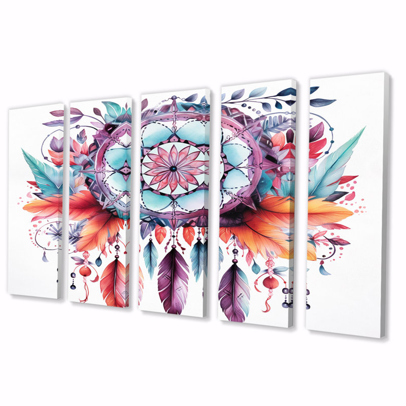 Boho Dreamcatcher Watercolor - reproduction d'art sur toile - 5 panneaux égaux