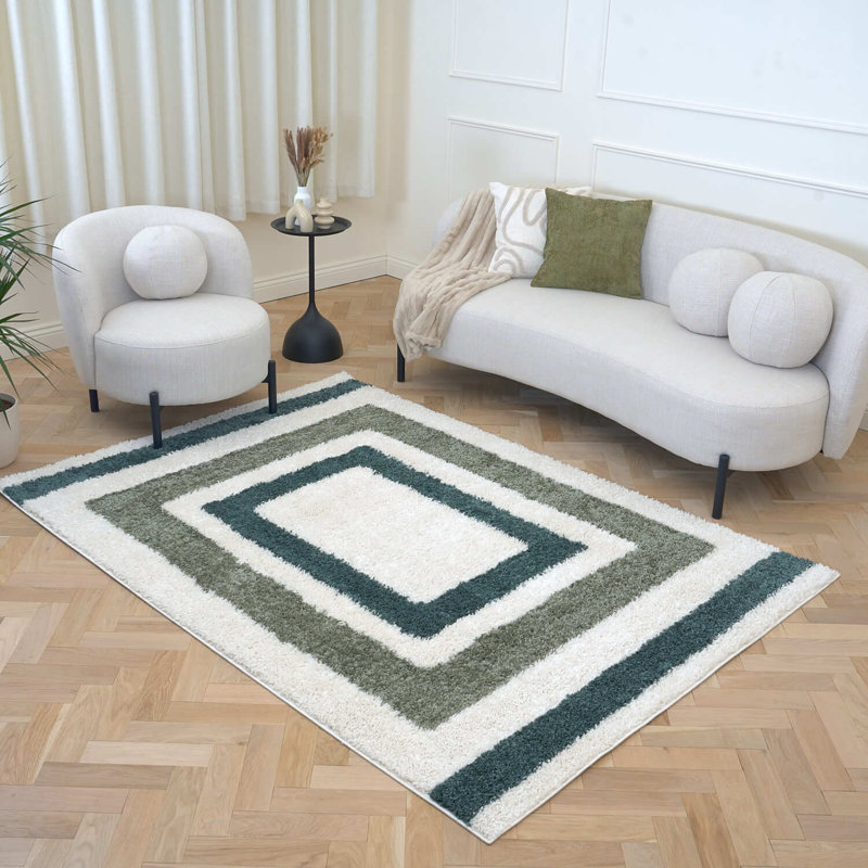 Moodi Modern Shaggy Area Rug Geometric Border Design, Rectangle 80 x 150 cm, Off-White/Green