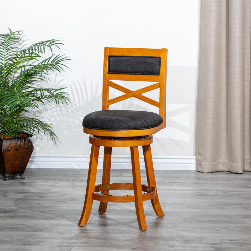 30" Bar Height X-Back Swivel Stool, Natural Finish, Charcoal Fabric Seat, Dark Gray, Natural