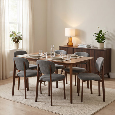 Bevyn Walnut Effect Dining Table & 6 Upholstered Merella Dining Chairs - Rustic Sleek Design