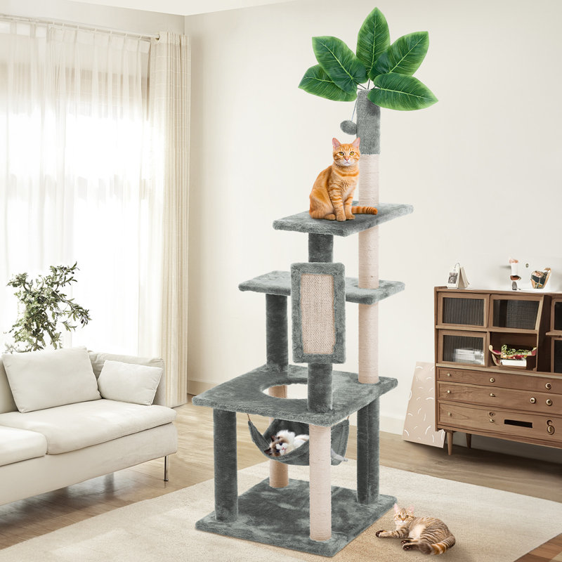 Arbre à chat 61 po H Greala avec hamac et lit plateforme, Gris / beige