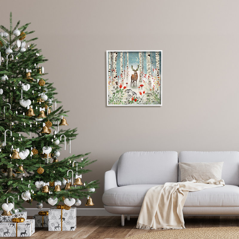 «Deer In Nighttime Birch Forest» encadré sur bois par Jacqueline Wild, peinture, H 24 po x l 24 po x P 1,5 po
