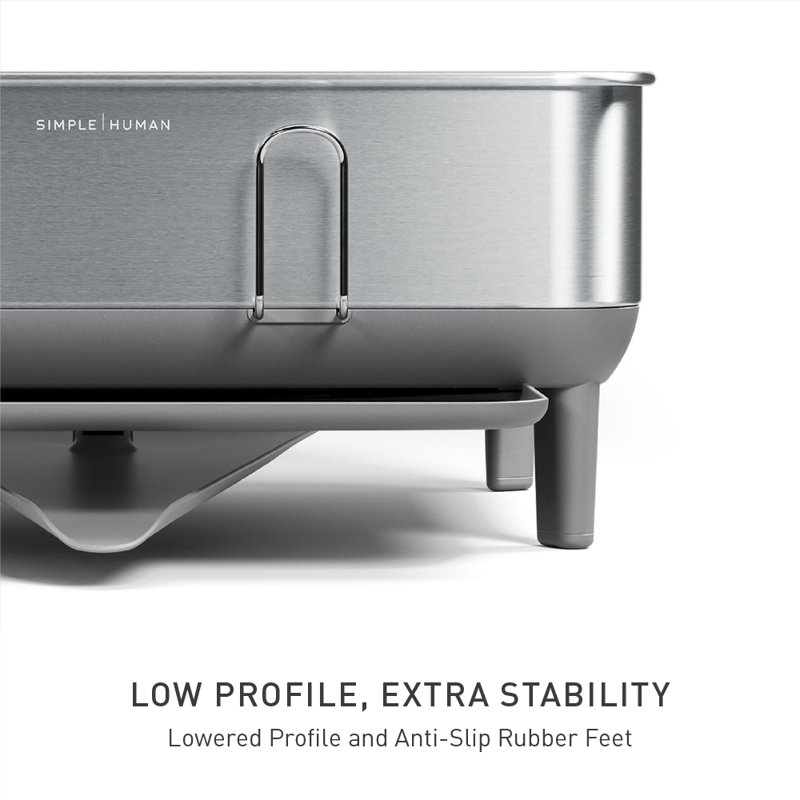 simplehuman Compact Kitchen Dish Drying Rack with Swivel Spout, Fingerprint-Proof Stainless Steel Frame, Brushed Steel/Gray
