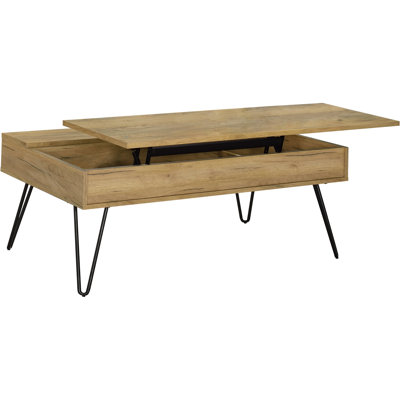 Rectangular Lift Top Coffee Table In Golden Oak And Black, With Hidden Storage Compartments, Engineered Wood Laminate Build, Warm Color, Industrial Black Legs For Living Environments Of Offering