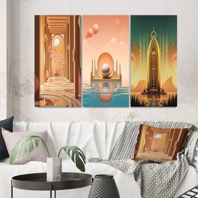 «Futuristic Minimal Architecture City of Gold», 3 pièces