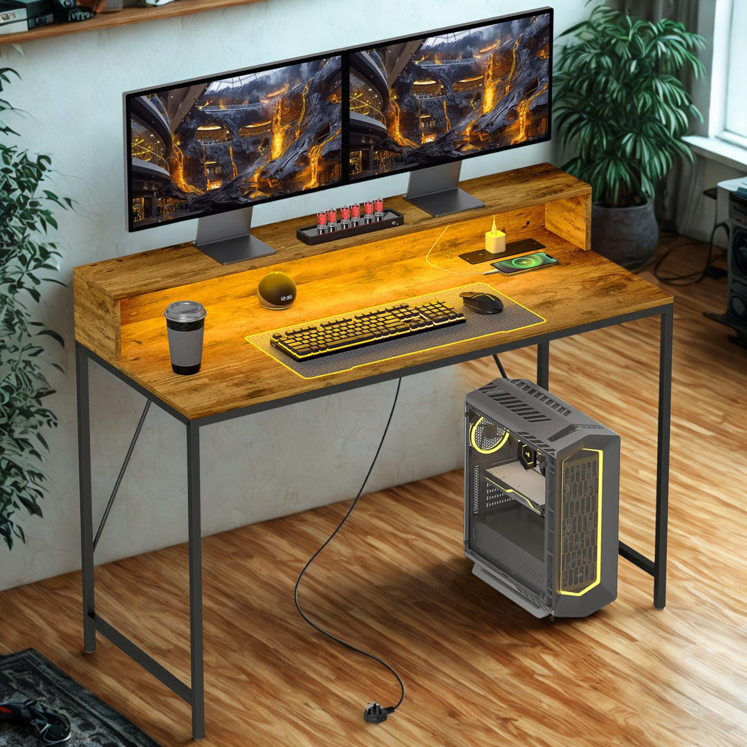 Industrial 120CM Computer Desk With USB Outlets and LED Lights