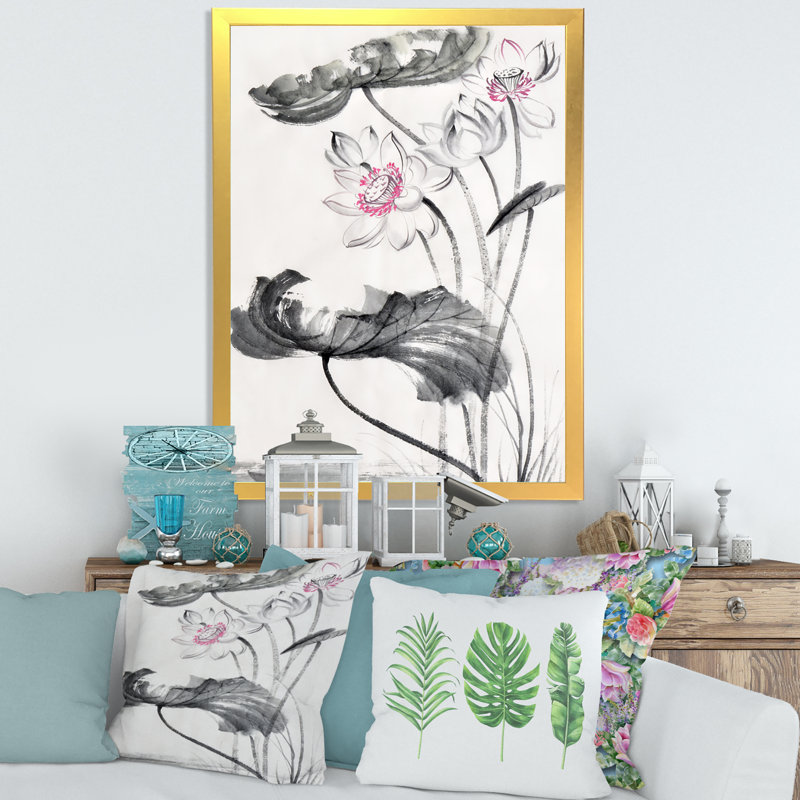 Fleurs de lotus rétro - reproduction sur toile, H 40 po x l 30 po x P 1,5 po, Toile encadrée d'or