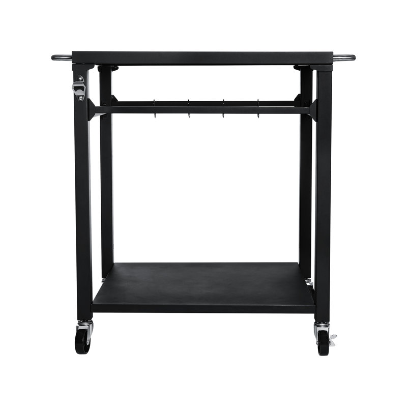 Chariot de barbecue roulant noir avec 2 roues verrouillables et crochets pour outils, idéal pour la terrasse, le jardin, le four à pizza, étagères spacieuses pour l'organisation et le service extérieur.