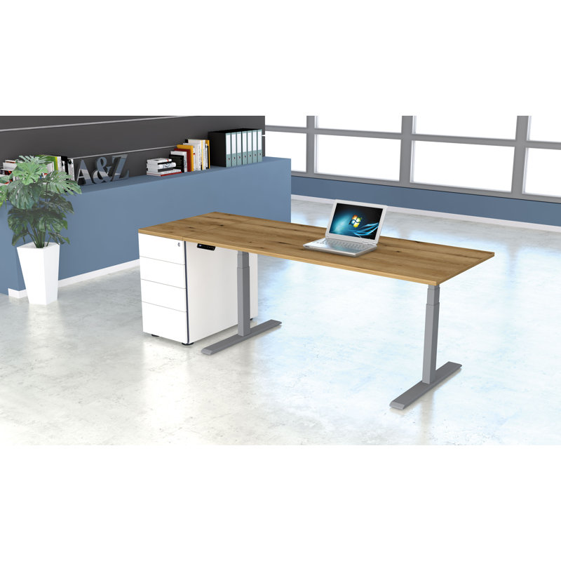 Move Adjustable Metal Base Standing Desk, 127cm H x 120cm W x 80cm D, Aluminium Silver, Oak