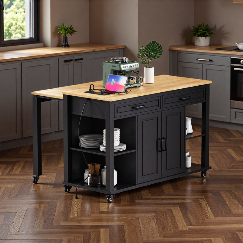 47 Inch Kitchen Island With Extendable Dining Table, Rubber Wood Veneer Kitchen Table With Internal Storage Rack, Power Outlet, Kitchen Island With Storage 2 Drawers 2 Cabinet