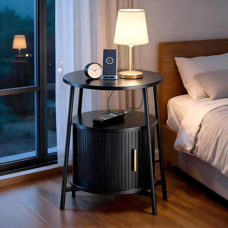 End Tables Set Of 2 & Charging Station, Fluted Accent Side Table With Sliding Door, Mid-century Modern Nightstand Set Of 2 For Small Space, Living Room, Bedroom Sofa Couch