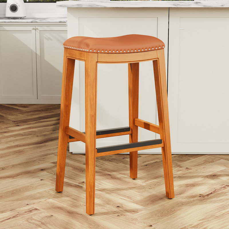 Tabouret de bar 30 po à finition naturelle avec siège en cuir reconstitué - élégant et pratique, Naturel