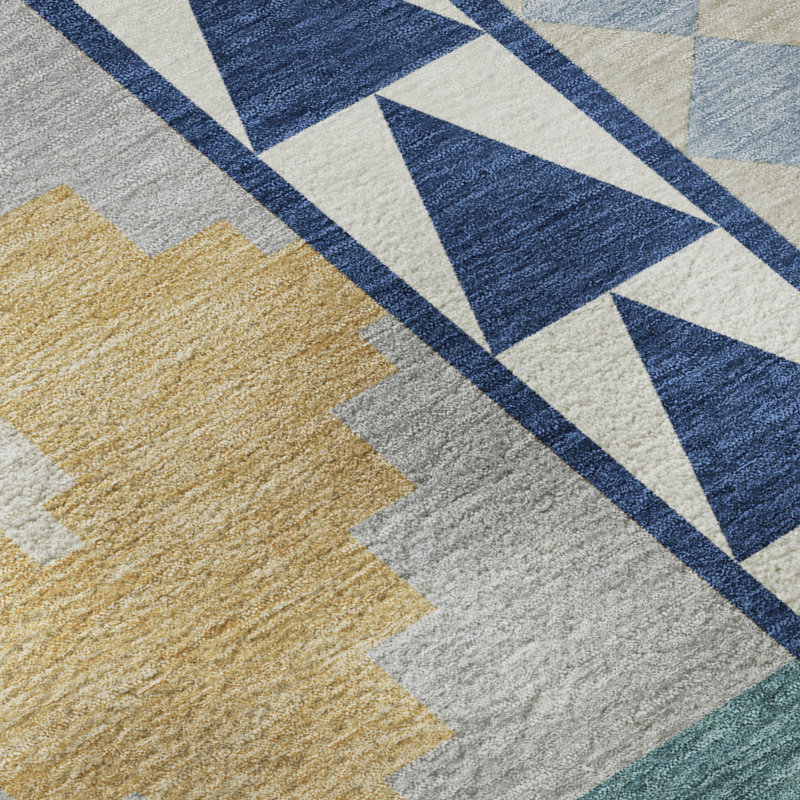 Tapis de qualité supérieure lavable à la machine Villers Southwest, Marine, 10 pi x 14 pi