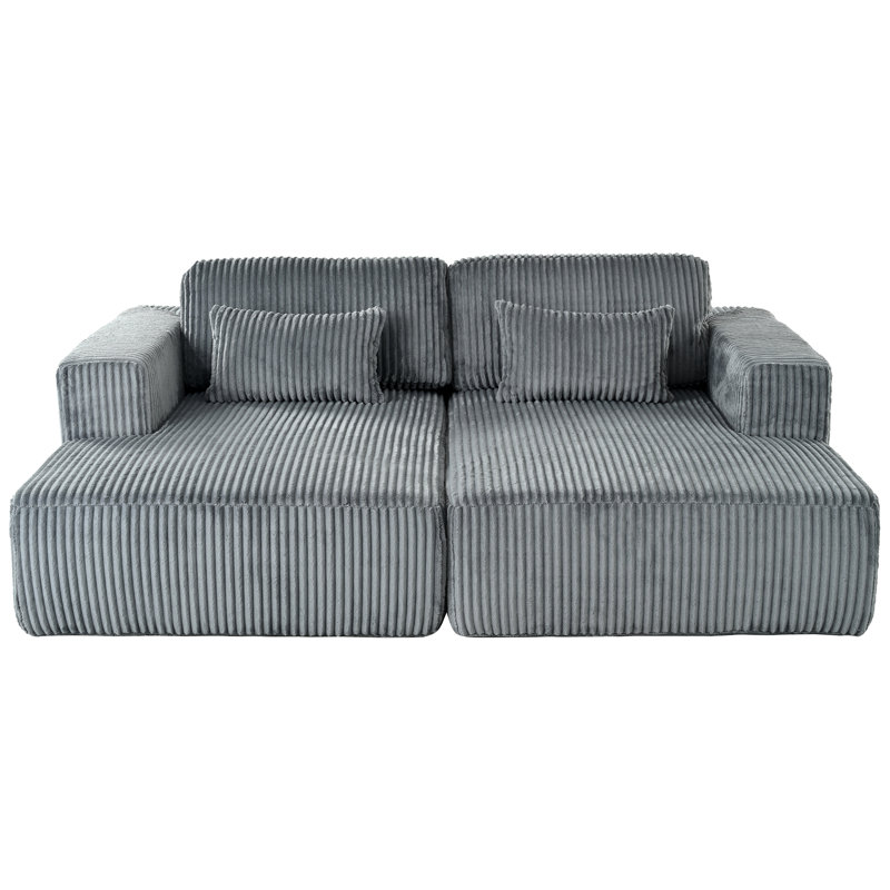 Corduroy Double Sofa Bed With 2 Pillows, For Living Rooms, Apartments, Offices, Gray Polyester