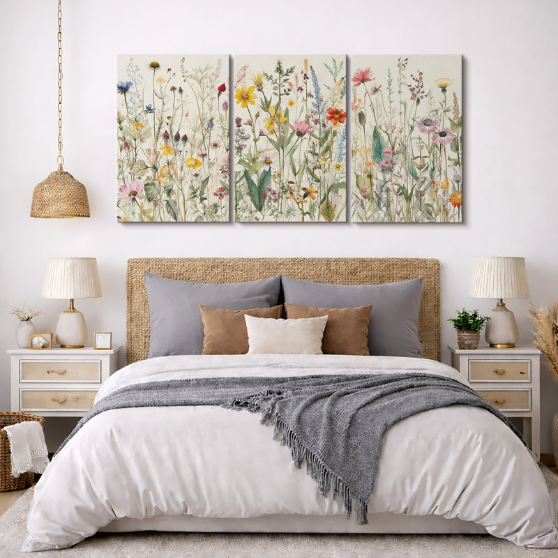 Vibrant Wildflower "Colorful Soft Floral Artwork, French Country Cottage Triptych Wall Pictures, Framed Canvas Giclée Print 3 Pieces Wall Art" 16"x24"x3 pcs, 24"x36"x3 pcs, 20"x60"x3 pcs