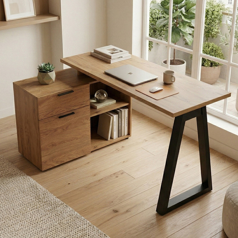 Bureau d'écriture en L avec armoire Hermie, Chêne Montana / noir