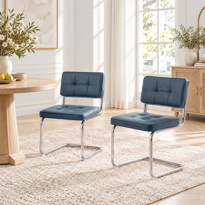 Marlow 19.3" H Mid-Century Modern Tufted Faux Leather Side Dining Chair with Steel Frame, Blue, Chrome
