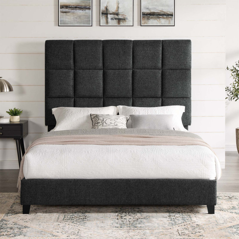 Lit plateforme tapissier Squares avec tissu en polyester durable et tête de lit élégante pour les chambres modernes, Gris
