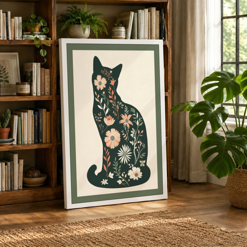 Botanical Cat in Bloom Boho 1 Piece Wrapped Canvas Wall Art, 36x24 - 91.4 x 61.0 cm, Taupe Border