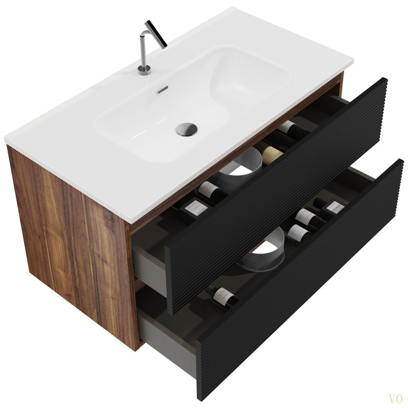Meuble-lavabo mural 36 po avec lavabo intégré en céramique avec trop-plein, grand meuble-lavabo flottant avec rangement pour salle de bain moderne, KD