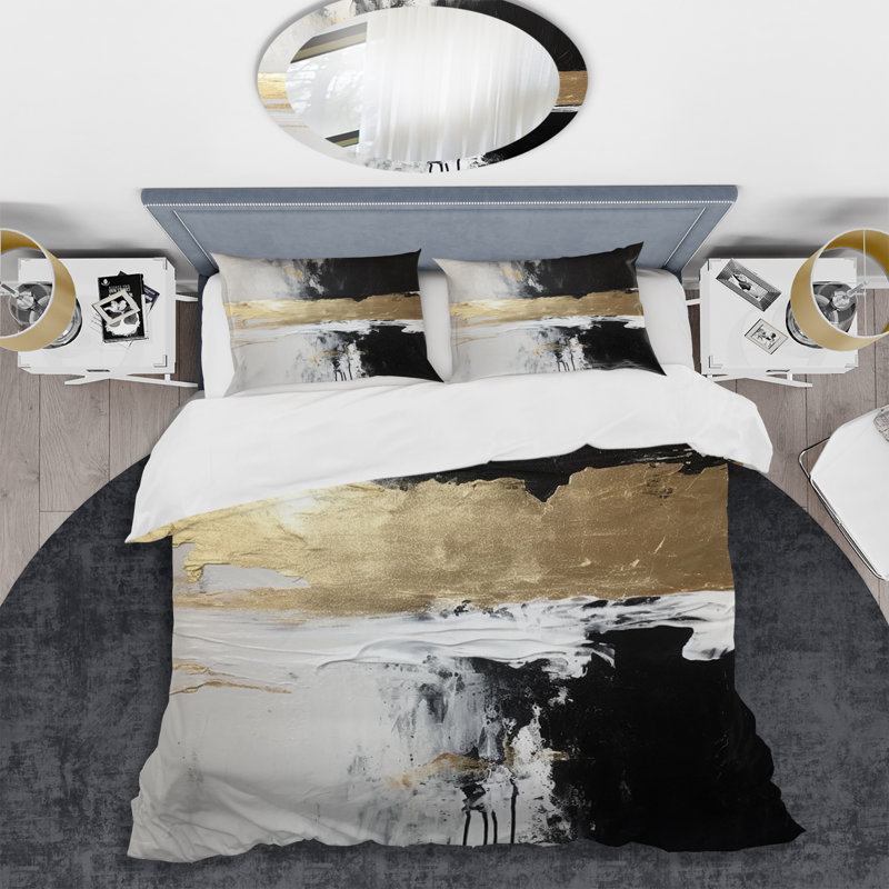 Dimensions horizontales abstraites noir doré - Ensemble de housse de couette abstrait - Microfibre de polyester