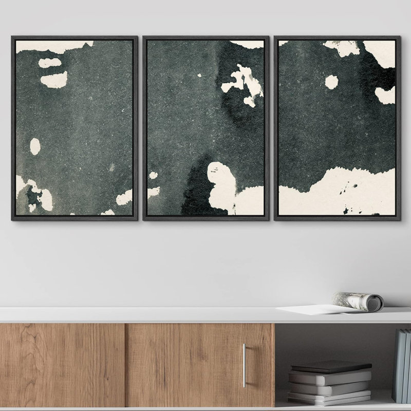 «Black and White Grunge Blot», 3 pièces sur toile, Cadre flottant noir, H 36 po x l 72 po
