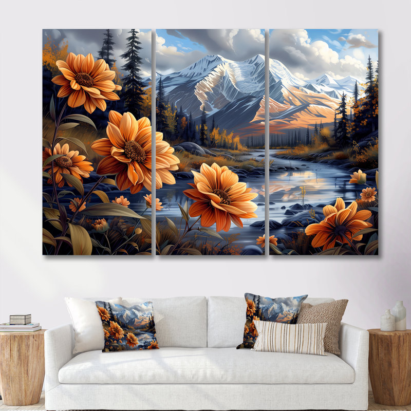 Alaska Denali National Park Flower Mountain River - Alaska, ensemble de décorations murales, Toile tendue