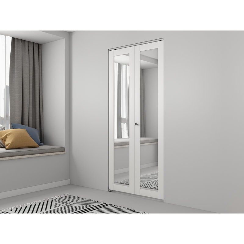 Porte pliante en composite blanc à noyau solide en verre miroir 36 po x 80 po avec quincaillerie et poignée de porte