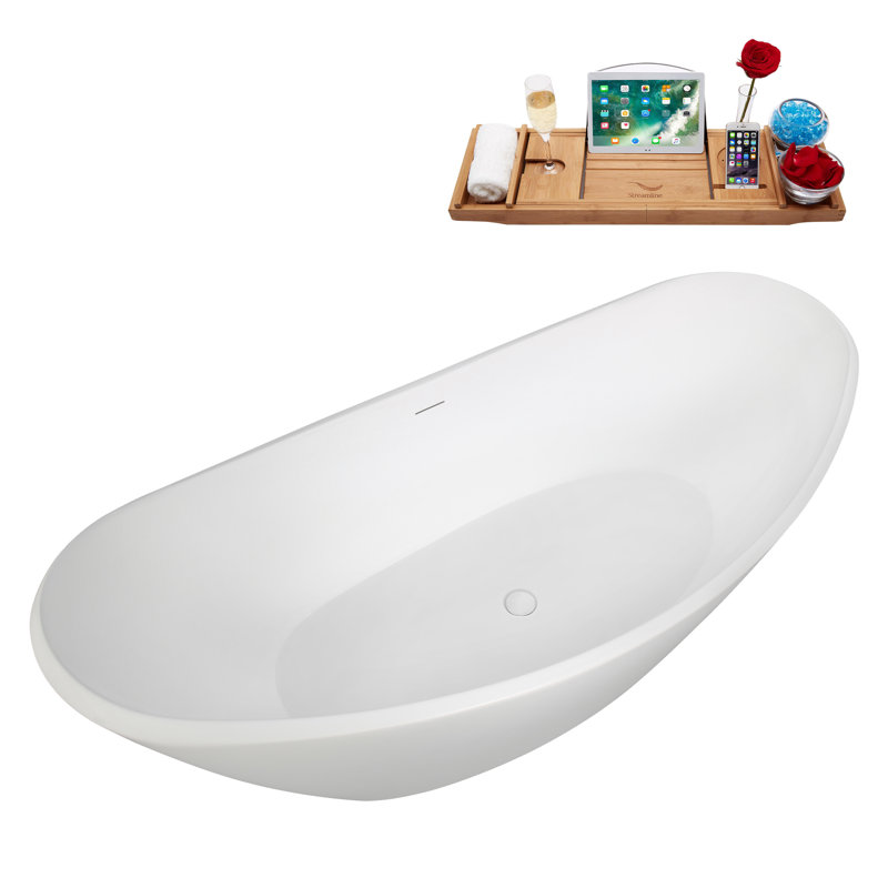 Baignoire autoportante en acrylique blanc brillant 75 ", plateau en bambou, drain, Blanc lustré