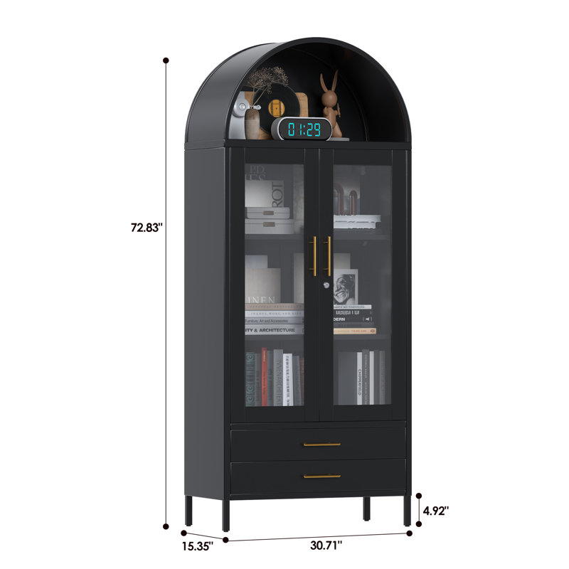 30.7 In. W×72.8 In. H×15.4 In. D  2-shelf And 2-drawer Metal Display Cabinet,Modern Freestanding Arched Cabinet, Antique Cabinets,Porcelain Cabinets,Bookshelves,assembly Required