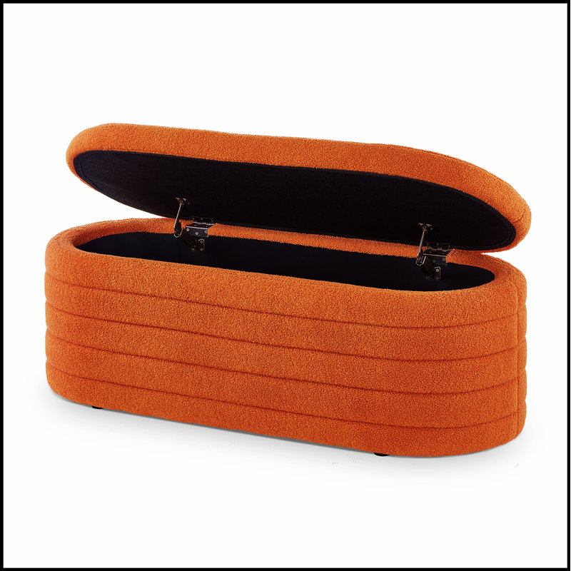 Banc de rangement moderne avec repose-pieds ovale en tissu rembourré et bouclé Teddy, Orange