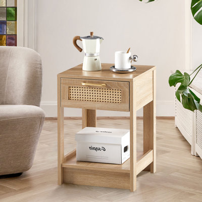 Alpern 15.75" Wide Rattan Drawer Natural End Table, WIth Open Storage Space With Mid-level Cut-outs And Solid Wood legs Side Table